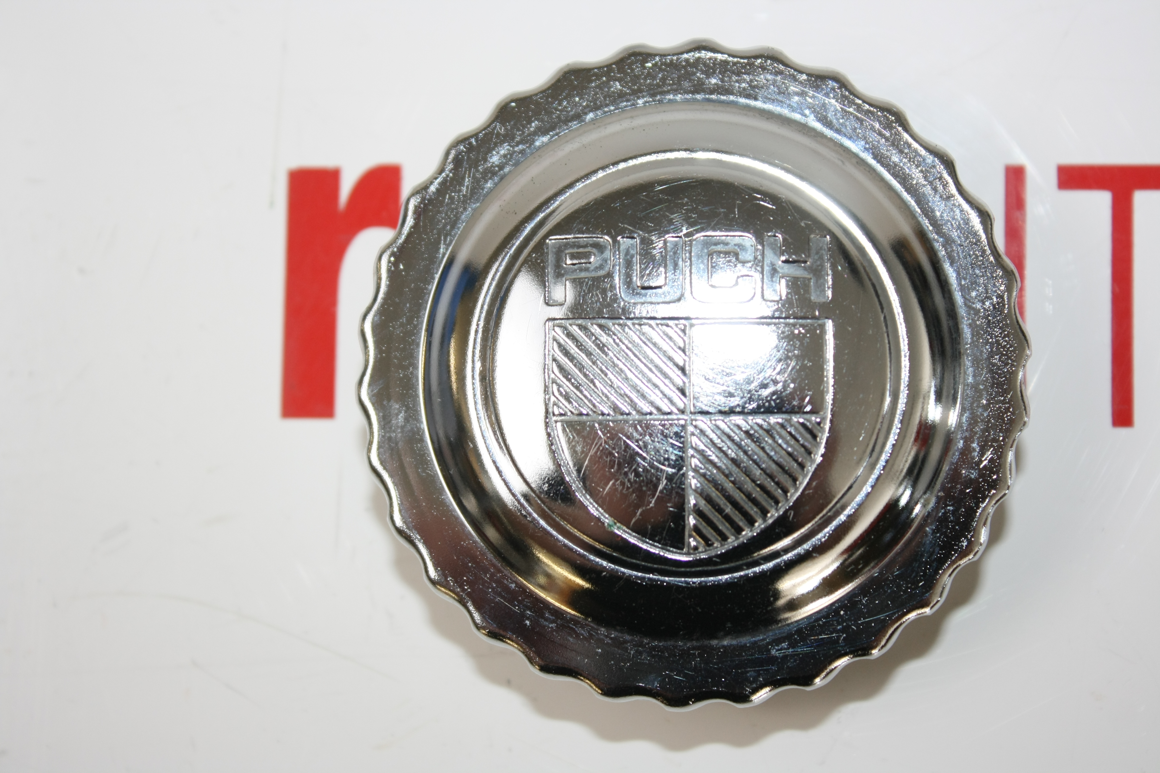 Puch Mini Cross, Cobra, Condor, X 30, etc. Tankdeckel, verchromt, mit LOGO